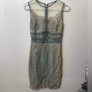Fab’rik Gray Lace Cocktail Dress Sheer Panel Party Dress